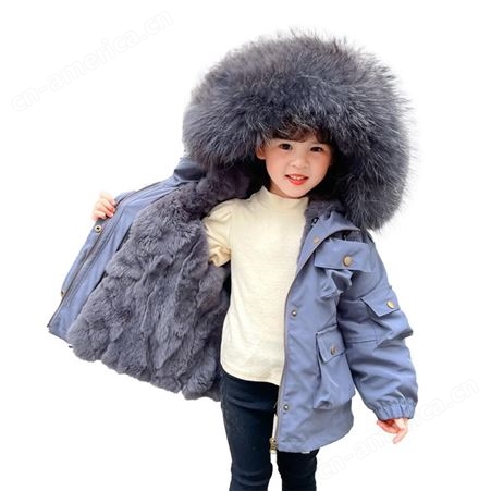 儿童派克服女童装男宝宝獭兔毛皮草外套大毛领工装中长款冬季加厚