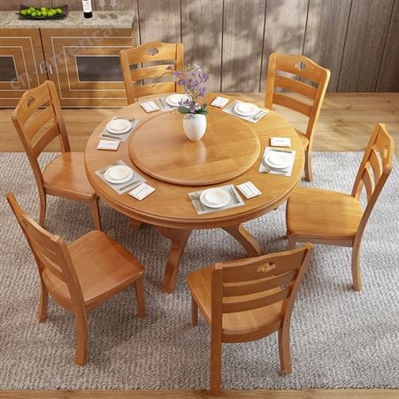 2019新款实木餐桌新 进口橡胶木圆桌 中餐厅餐桌椅 中式大圆桌餐桌椅组合选众美德
