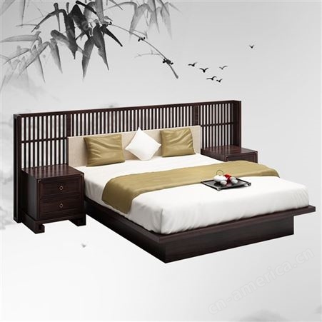 新中式实木床 1.8米双人床主卧大床 婚床民宿床 现代简约中式禅意床 可定做