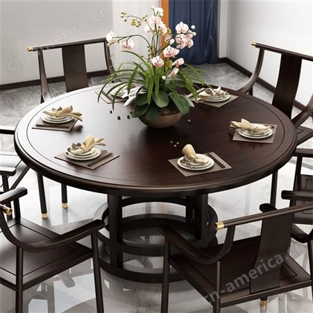 新中式实木餐桌椅组合 圆形带转盘 家用饭桌 酒店圆桌可定制家具 可定做
